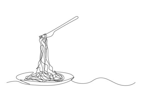 Continuous one line art of Fork with pasta. Italian spaghetti noodle for web banner and food delivery service in simple line. vector