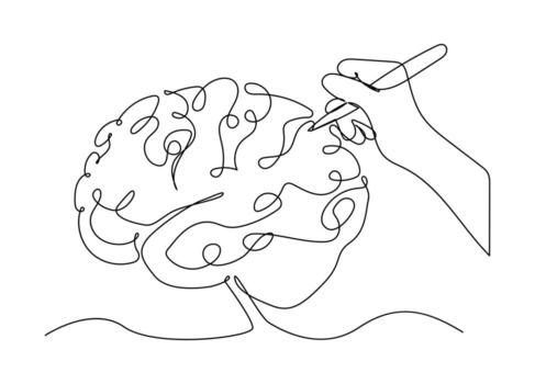 One continuous line art of brain drawing pen. Creating new idea and mindset improvement, Brain drawing pen line art. vector