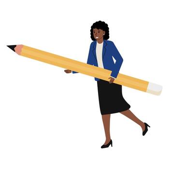 Creative professional carries oversized pencil while running in a business environment at a bustling workspace vector