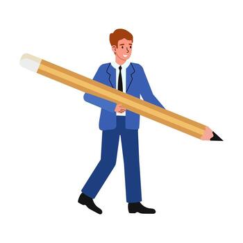 Man in a suit humorously carries an oversized pencil while walking in a modern office setting during the daytime vector