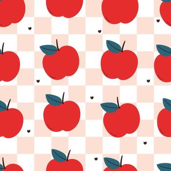 seamless pattern cartoon red apple in pink checkered background vector