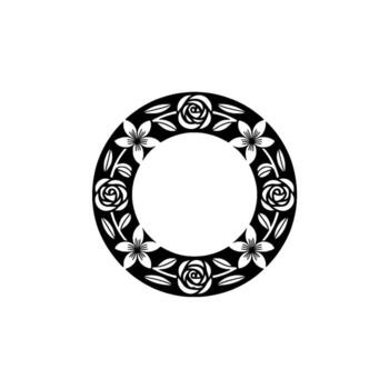 A circular decorative border featuring stylized roses and flowers frames a central radiant geometric pattern on a clean background creating a classic emblem vector