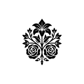 A symmetrical floral crest with intricate rose and lily motifs arranged in an elegant ornamental isolated on a clean background vector
