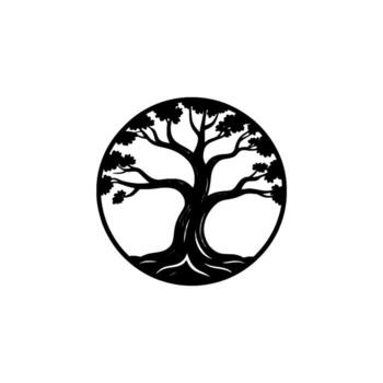 silhouette of an ancient gnarled tree with spreading branches and detailed roots contained within a circular frame against a soft gradient background vector