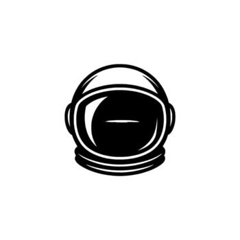 Minimalist illustration of a detailed astronaut helmet with a reflective visor showcasing a stylized celestial horizon on a light gray circular grid background vector
