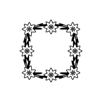 un sencillo silueta frontera presentando ocho estilizado en forma de estrella flores con puntiagudo pétalos y agudo hojas arreglado simétricamente a formar un cuadrado marco en un llanura ligero gris antecedentes vector