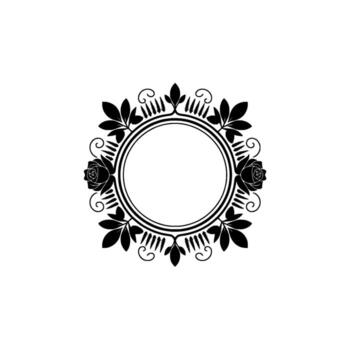 Elegant silhouette circular floral frame featuring stylized roses and fern leaves with decorative swirls on a soft background with subtle light rays vector