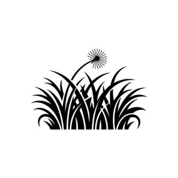 Minimalist illustration of a stylized dandelion seed head with radial lines against a soft off background with abstract grass blades in silhouette vector