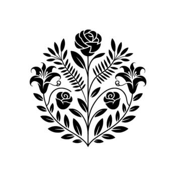 A symmetrical silhouette floral emblem featuring blooming roses and elegant lilies intertwined with delicate foliage set against a crisp background creating a timeless and sophisticated element vector