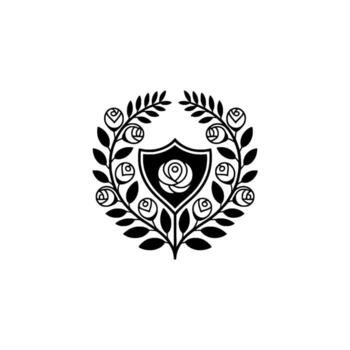 A minimalist silhouette emblem featuring a shield with a stylized rose and surrounded by a laurel wreath adorned with small roses and leaves on a clean background vector