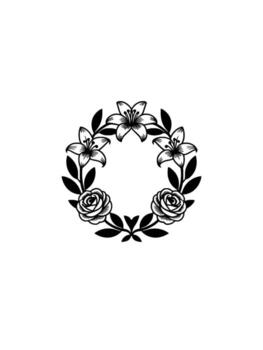 un delicado línea Arte guirnalda presentando alterno estilizado lirios y rosas con acompañamiento hojas ingeniosamente arreglado en un circular modelo en un neutral pálido gris antecedentes Perfecto para elemento vector