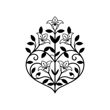 A symmetrical filigree decorative motif featuring stylized lily flowers and curling vines forming a heart shape on a plain background vector