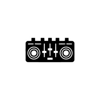 A stark silhouette of a compact DJ audio mixer with two circular jog wheels and three vertical sliders isolated on a minimalist light gray background representing music production and electronic enter vector
