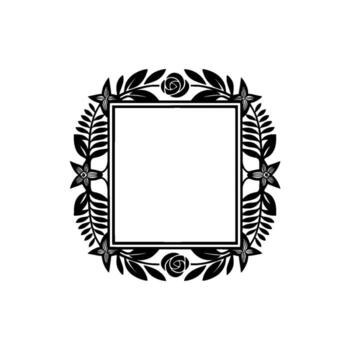 Elegant silhouette of a square frame adorned with a symmetrical botanical border of stylized leaves and roses set against a clean light gray background vector