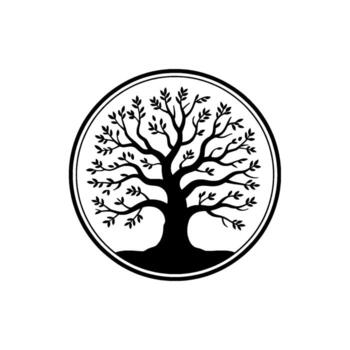 A stylized silhouette of a deciduous tree with a full canopy of leaves enclosed within a bold circular border against a stark background representing growth and nature vector