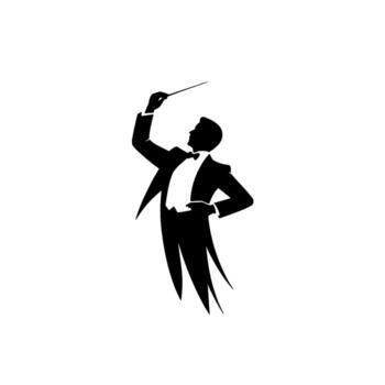 A dynamic silhouette of a symphony orchestra conductor in a tuxedo with a bowtie holding a baton aloft on a clean background illustrating musical direction and performance vector