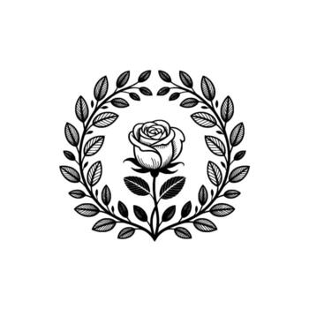 A delicate line art illustration of a single blooming rose centered within an ornamental circular laurel wreath frame with detailed leaf patterns vector