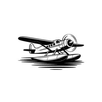 A minimalist illustration of a classic single engine seaplane with two floats positioned on stylized water lines against a plain background vector