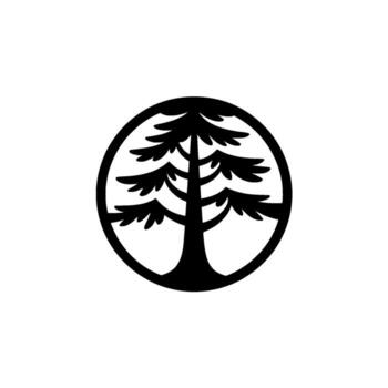 Minimalist silhouette of a stylized evergreen coniferous tree with branches within a clean circular frame on a light gray background vector