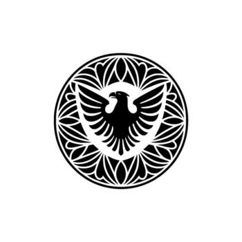 A stylized silhouette of a majestic eagle with outstretched wings enclosed within an intricate circular geometric emblem featuring ornamental patterns and radial symmetry isolated on a plain backgroun vector