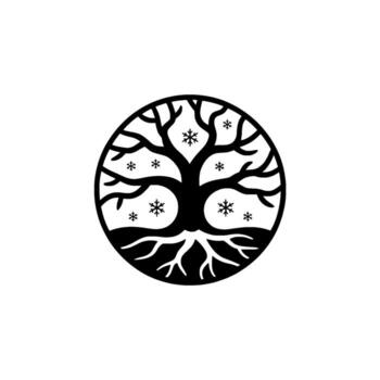 Stylized silhouette of a bare winter tree with intricate roots and branches adorned with delicate snowflakes enclosed within a circular frame against a neutral background vector