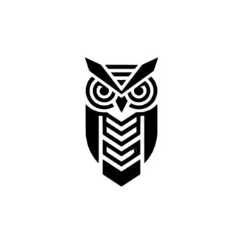 A stylized geometric illustration of an owl emblem with a strong symmetrical featuring sharp lines and chevron patterns in shades of and grey vector