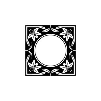 Elegant monochrome frame featuring stylized lily flowers and leaves surrounding a central blank circular space on a soft grey background vector