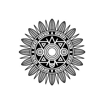 A detailed illustration of a circular Aztec sun stone calendar symbol with intricate geometric patterns and featherlike embellishments set against a neutral light gray background vector