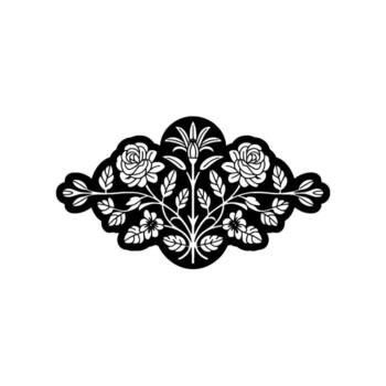 A sophisticated monochromatic illustration of a symmetrical floral crest featuring detailed roses and smaller blossoms against a stark background with a subtle outline on a clean backdrop vector