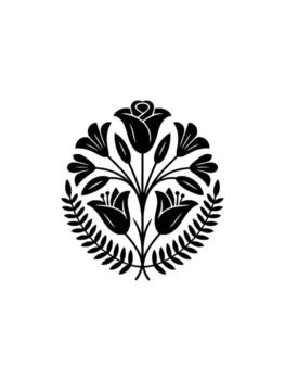A sophisticated floral crest featuring a central rose surrounded by stylized lilies and laurel branches arranged in a symmetrical circular emblem on a clean background vector
