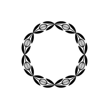 A minimalist decorative circular frame composed of stylized oval seed pods nestled between pointed leaf shapes arranged on a muted off background vector
