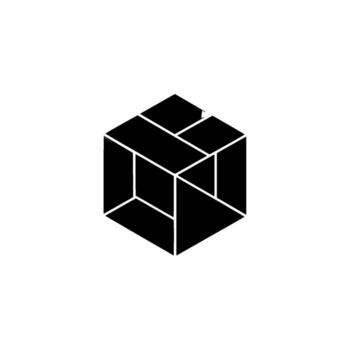 A polished abstract geometric d isometric cube constructed from dark reflective panels and lines against a plain light gray background vector
