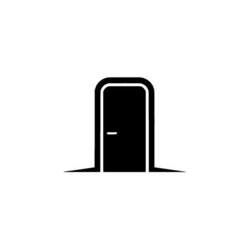 A stark minimalist silhouette of a simple rounded top doorway with a small horizontal line representing a doorknob centered on a light gray background vector