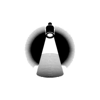 A stark illustration of a spotlight beam with textured lines illuminating downwards from a cylindrical light source with a radiant halo effect on a plain light gray background perfect for conc vector