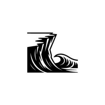 A striking bold illustration depicting a powerful ocean wave crashing against a sharp cliff face with dynamic spray lines on a clean background vector