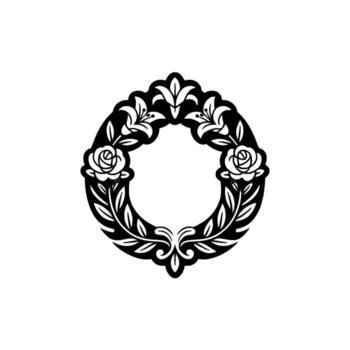 A monochrome artistic circular crest featuring stylized lilies and roses intertwined with detailed dark leaves and decorative scrollwork elements on a subtle light gray background for elegant d vector