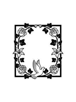 silhouette of a dove flying within a square floral frame featuring roses and lilies surrounded by ivy leaves on a plain background vector
