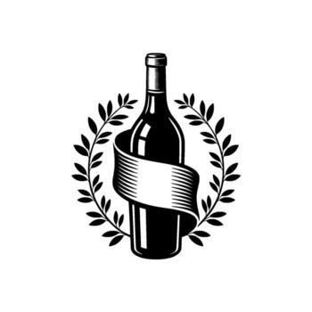 Classic illustration of a wine bottle encircled by a laurel wreath and a ribbon banner for custom text vector