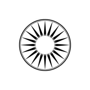 A sharp geometric sunburst symbol with radiating triangular rays and a fine fringe detail at its core set within a double circular border on a plain background vector