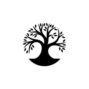 A stylized silhouette of a round tree of life symbol with numerous small leaves and a curved base against a simple light gray background vector