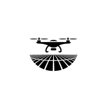 Minimalist silhouette of a modern quadcopter drone hovering above a stylized abstract representation of a globe with grid lines signifying global connectivity and aerial surveillance technology vector