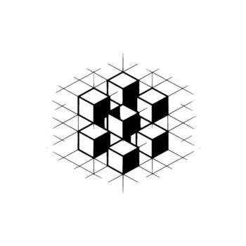 A stark geometric abstract illustration featuring a cluster of nine isometric cubes arranged in a three by three grid with outlines against a subtle light grey textured background and intersecting fin vector