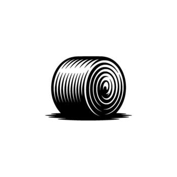 A detailed woodcut style illustration of a single tightly rolled hay bale with visible spiral texture and a subtle shadow on a light grey background vector