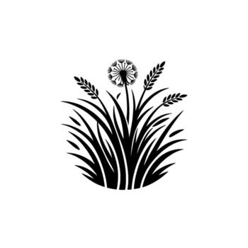 A minimalist silhouette of a dandelion seed head with wheat stalks and blades of grass in a circular composition against a background vector