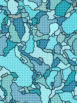 Bold abstract seamless pattern in cool blue tones with dark outline and halftone dot texture overlay vector