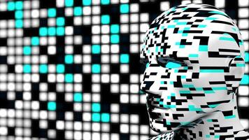 vit manlig huvud med cyan och svart rektanglar rör på sig slumpvis mot suddig bakgrund av cyan och vit rutor. slinga sekvens. 3d animering video