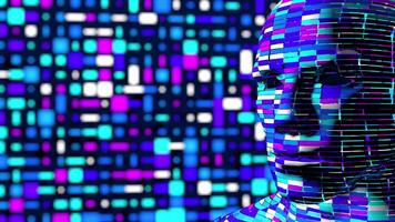 dell'uomo testa fatto su di ciano, blu, viola e bianca rettangoli in movimento a caso contro un' sfocato sfondo di ciano, blu, viola e bianca rettangoli. ciclo continuo sequenza. 3d animazione video