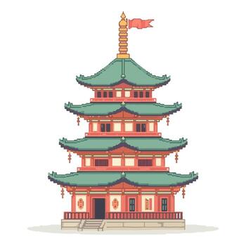 Pixel Art of Chinese Pagoda Temple with Green Roof and Multi Layer Structure vector