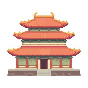 Pixel Art of Chinese Temple with Golden Roof and Multi Layer Design vector