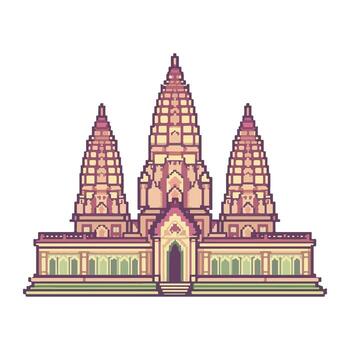 Pixel Art of Khmer Style Temple with Multiple Towers and Historic Architecture vector